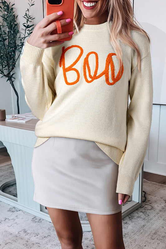 Boo Knitted Pattern Ribbed Edge Drop Shoulder Sweater, S-2XL, two color choices