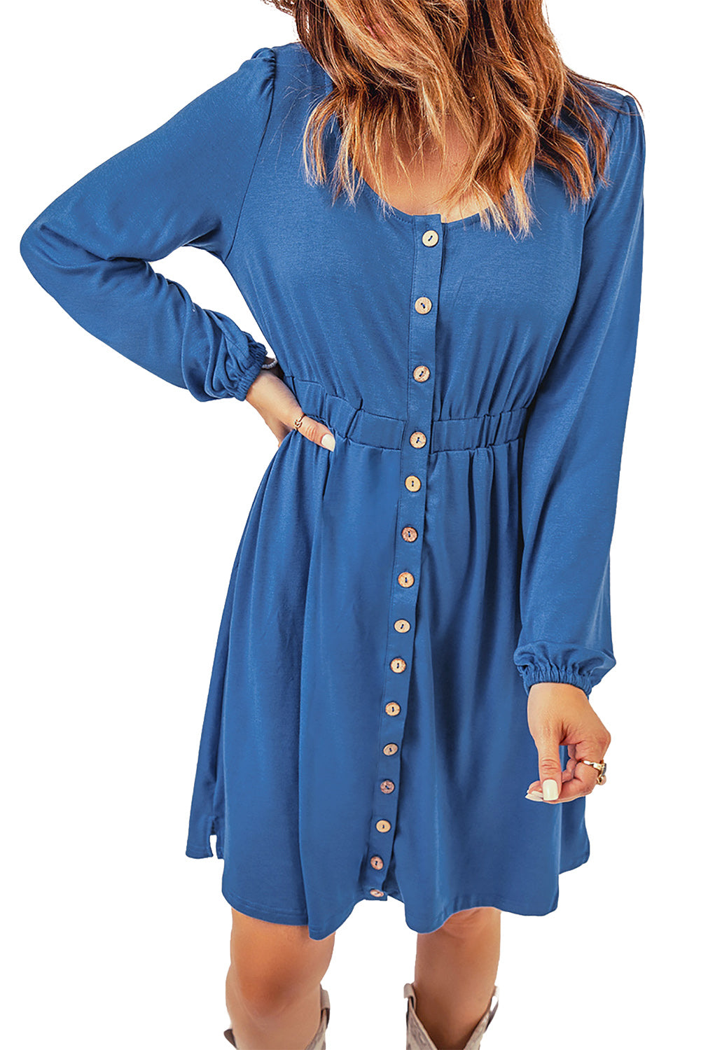 Button Up High Waist Long Sleeve Dress, S-2XL, Several color choices!