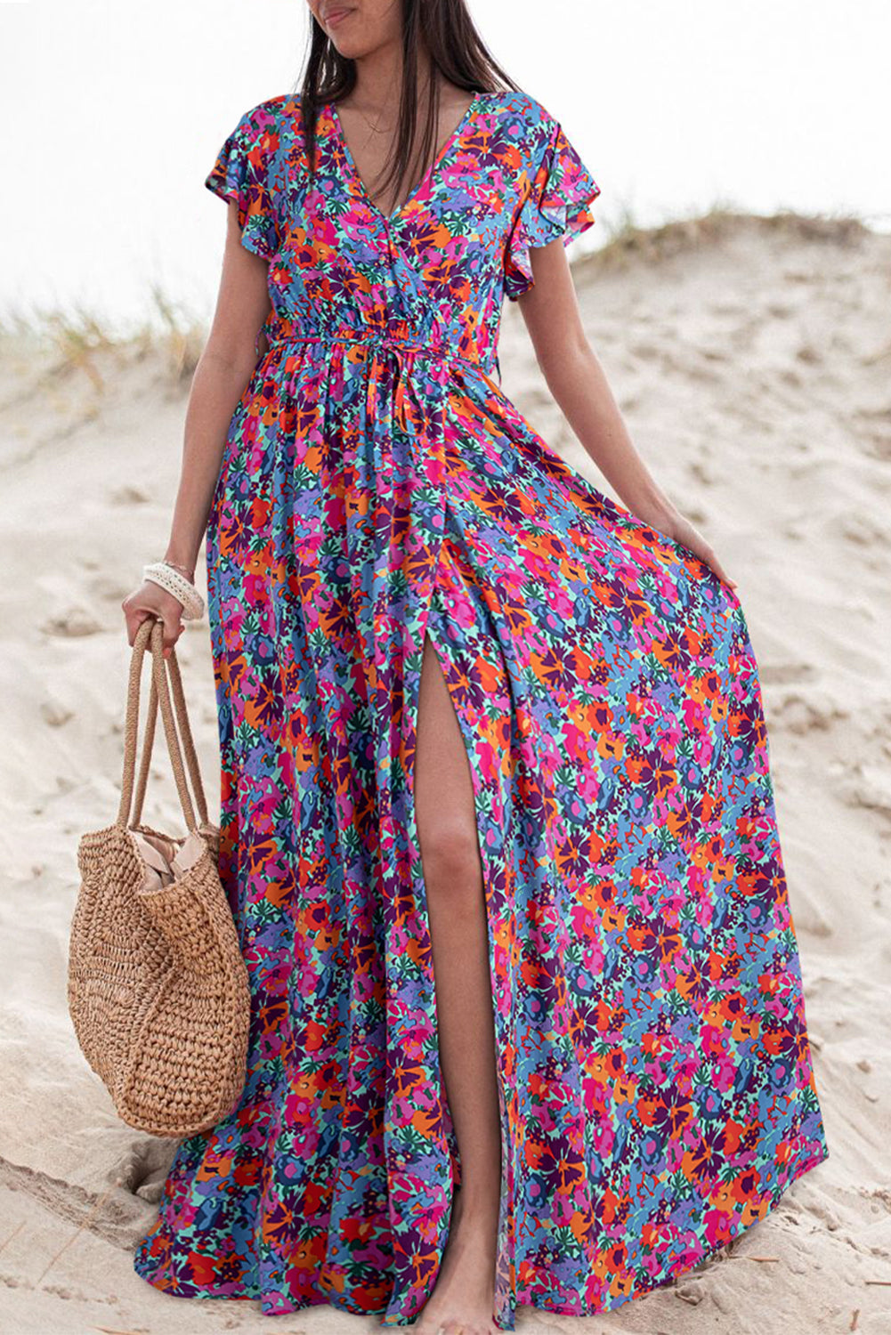 Floral Print V Neck Wrap Split Maxi Dress, S-XL