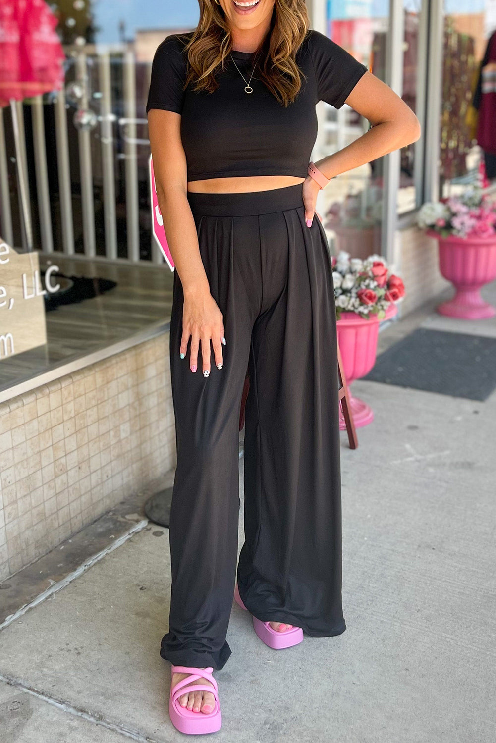 Slim Fit Crop Top and Pleated Wide Leg Pants Set, S-XL, two color choices