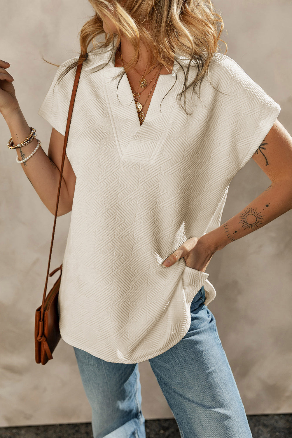 V Neck Collared Short Sleeve Top, S-XL