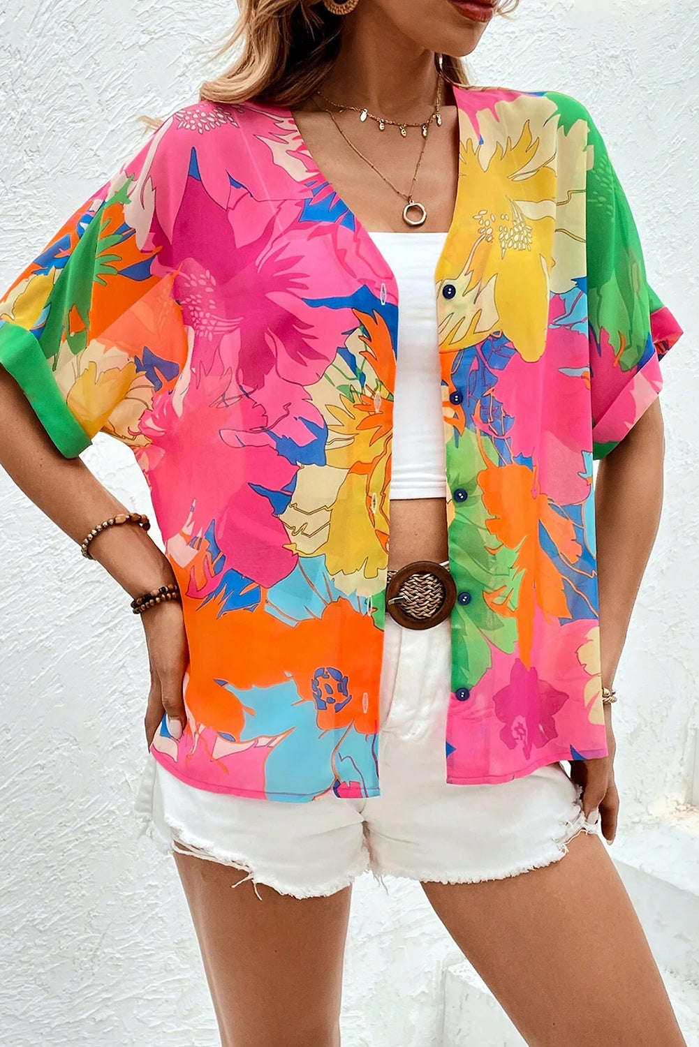 Floral Print Folded Short Sleeve Shirt, S-XL