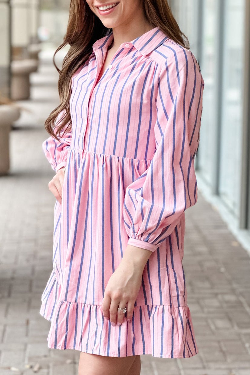 Ruffled Hem Button-up Collared Shirt Mini Dress, S-XL