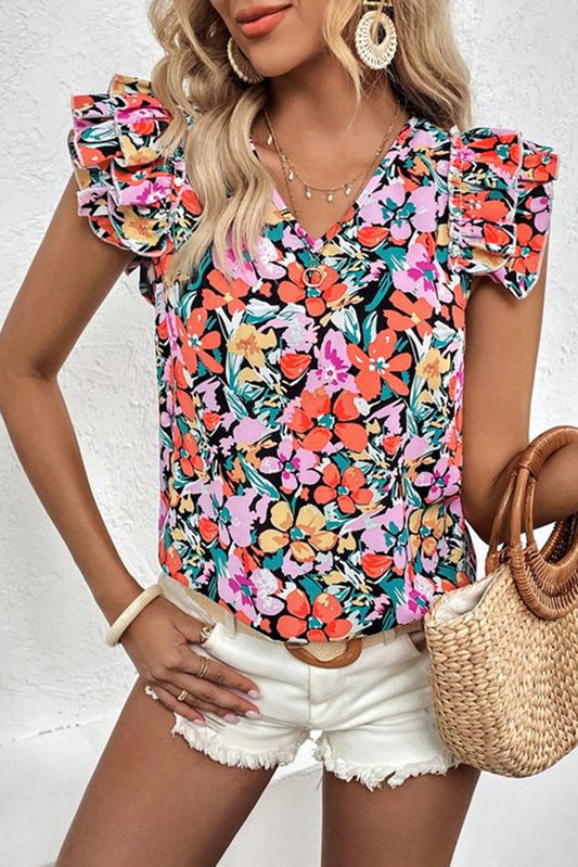 Tiered Ruffled Sleeve Floral Blouse, S-XL