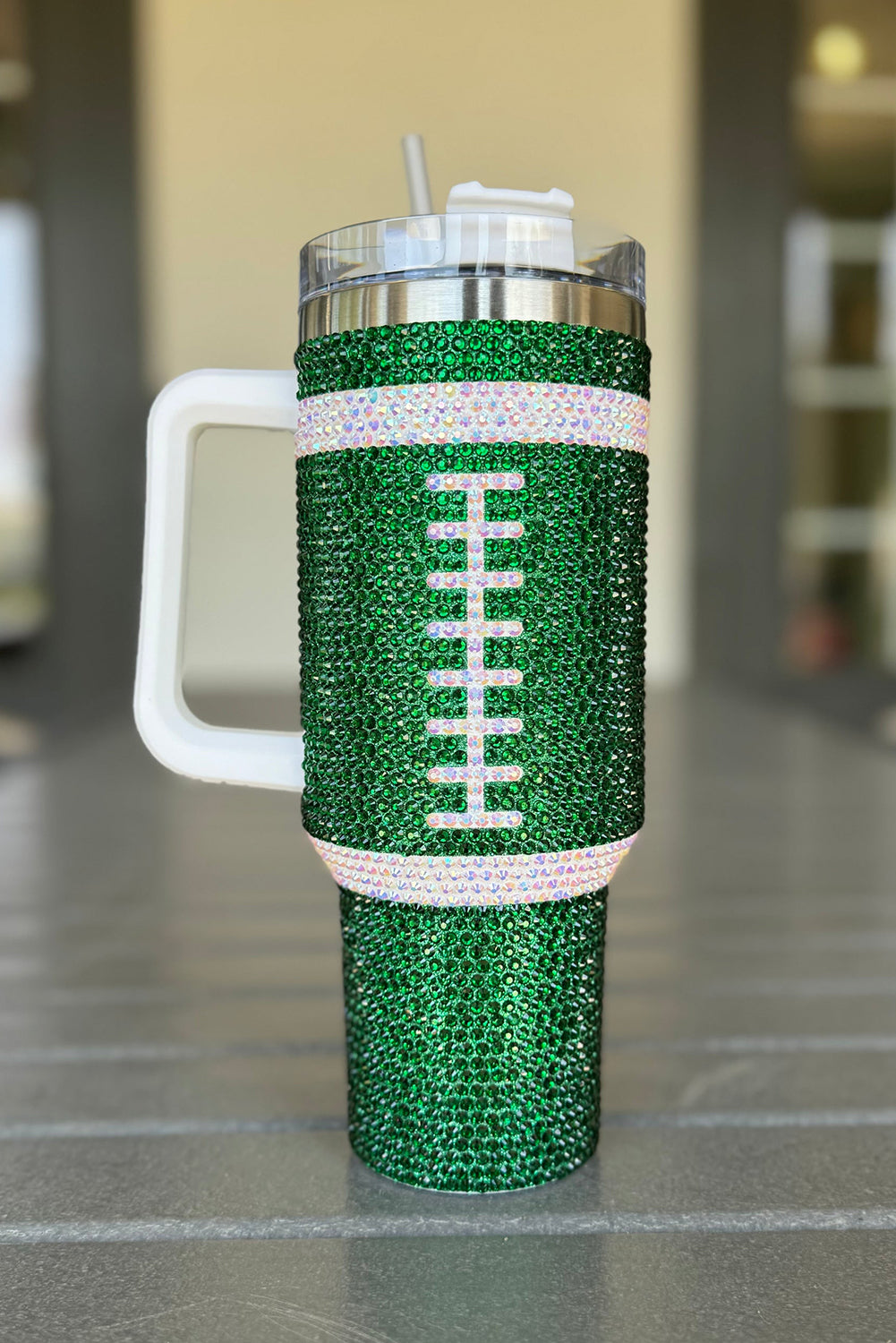 Green Rhinestone Football Tumbler, 40oz