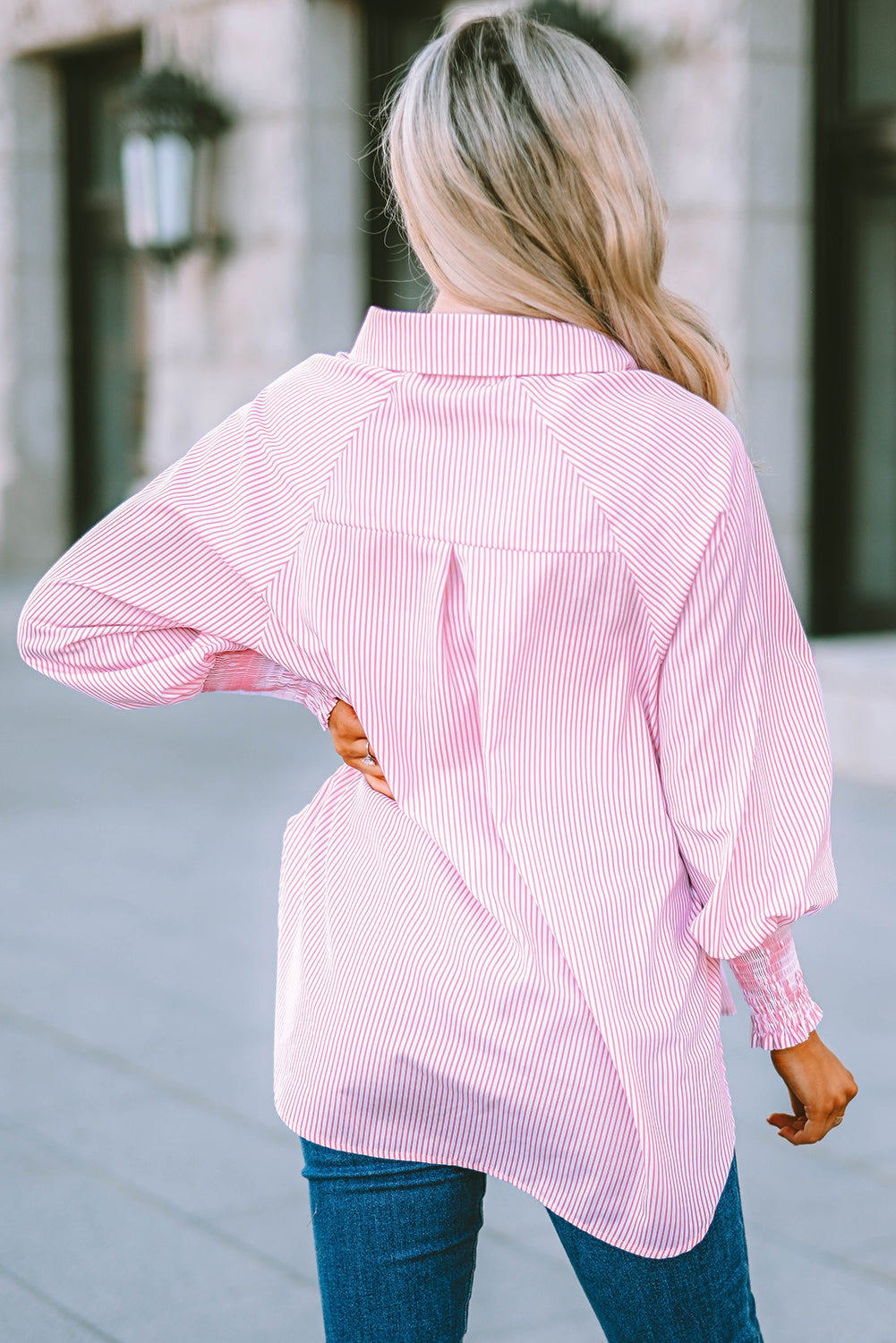 Smocked Cuffed Striped Boyfriend Shirt with Pocket, XS-2XL, Several color choices!