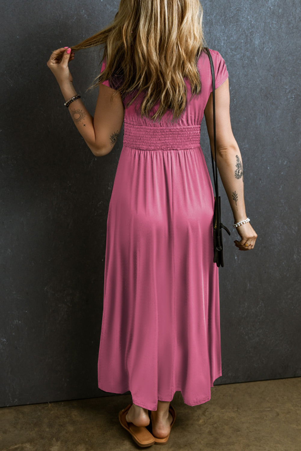 Short Sleeve Shirred High Waist V Neck Maxi Dress, S-2XL