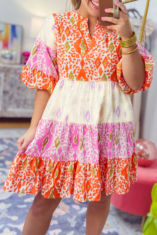 Boho Mixed Print Half Bubble Sleeve Tiered Dress, S-XL