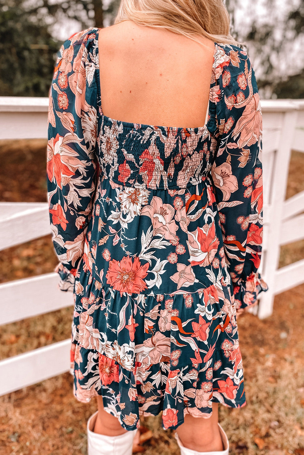 Dark Blue Floral Smocked Tiered Ruffle Puff Sleeve Short Dress, S-XL