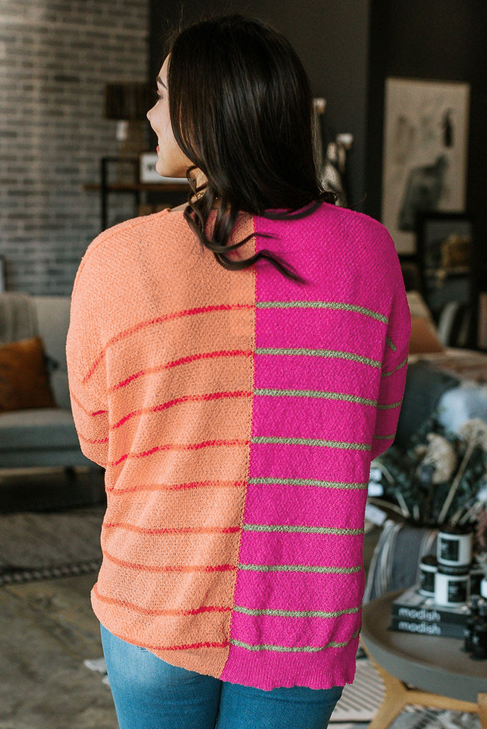 Color Block Striped Knit Sweater, 1XL-3XL