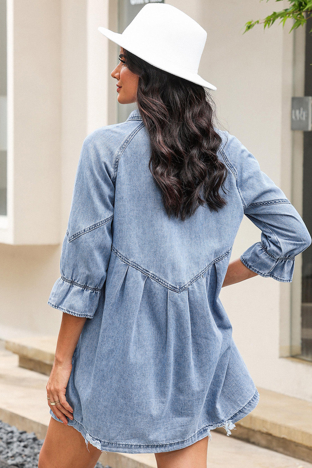 Ruffled 3/4 Sleeve Buttoned Front Denim Dress, 1XL-3XL