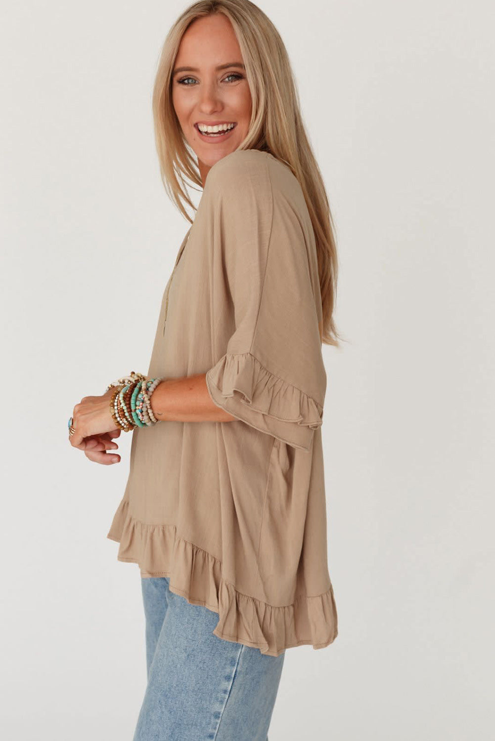 Loose Ruffled V Neck Blouse, S-XL