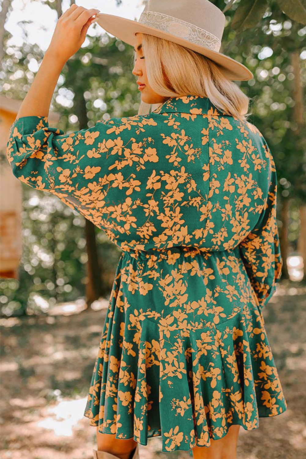 Green Floral Print Drawstring Tunic Flowy Short Dress, S-XL