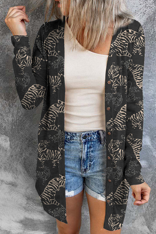 Tiger Print Button Front Cardigan, S-XL