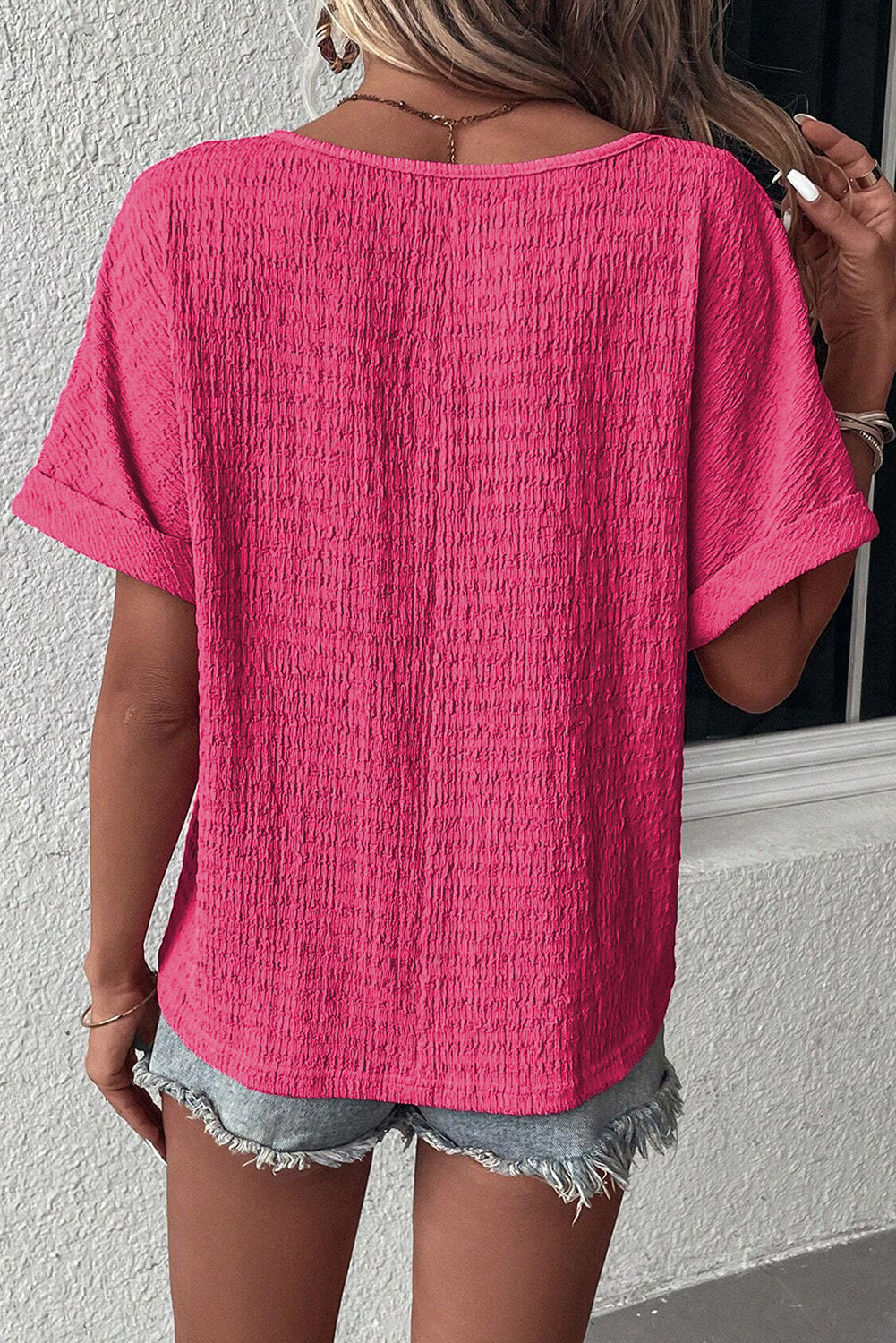 Textured Rolled Short Sleeve V Neck Blouse, S-XL