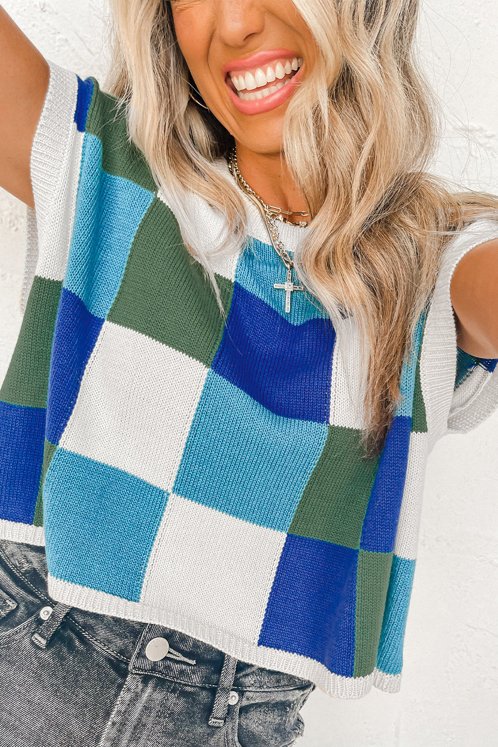 Color Block Cap Sleeve Sweater Tops, S-XL