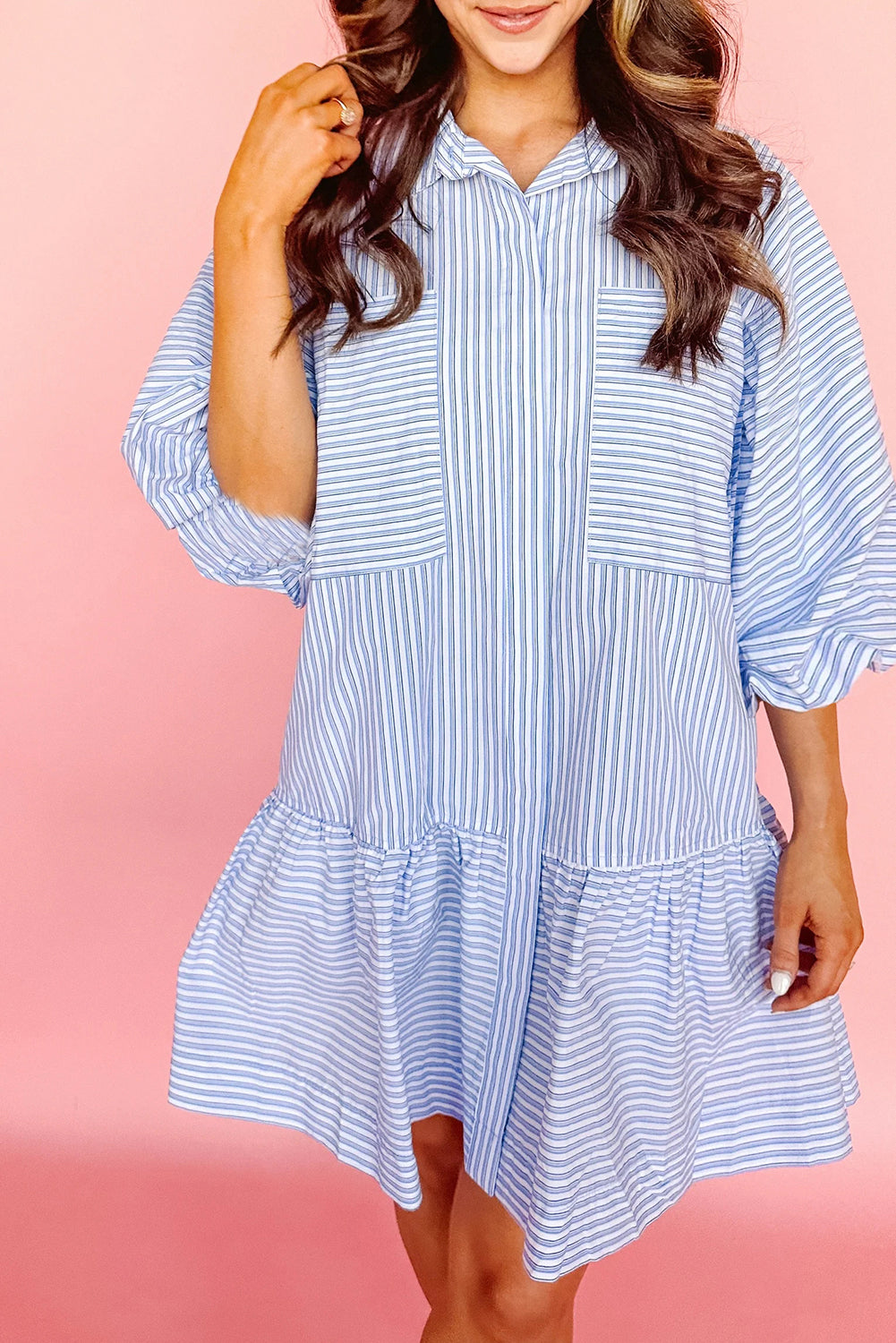 Stripe Bubble Sleeve Chest Pockets Buttoned Shirt Dress, S-XL