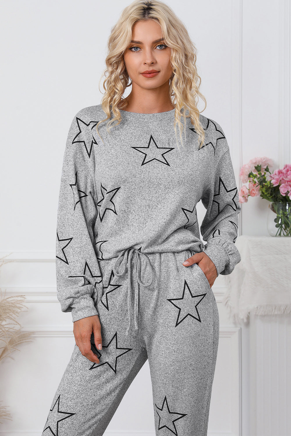 Star Print Long Sleeve Drawstring High Waist Lounge Set, S-XL, two color choices