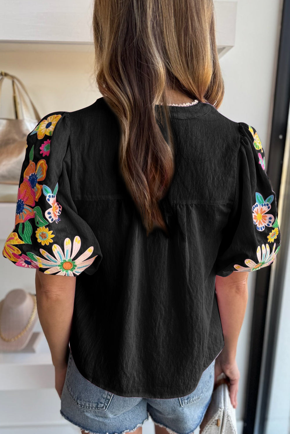 Floral Embroidered Puff Sleeve Split Neck Blouse, S-XL