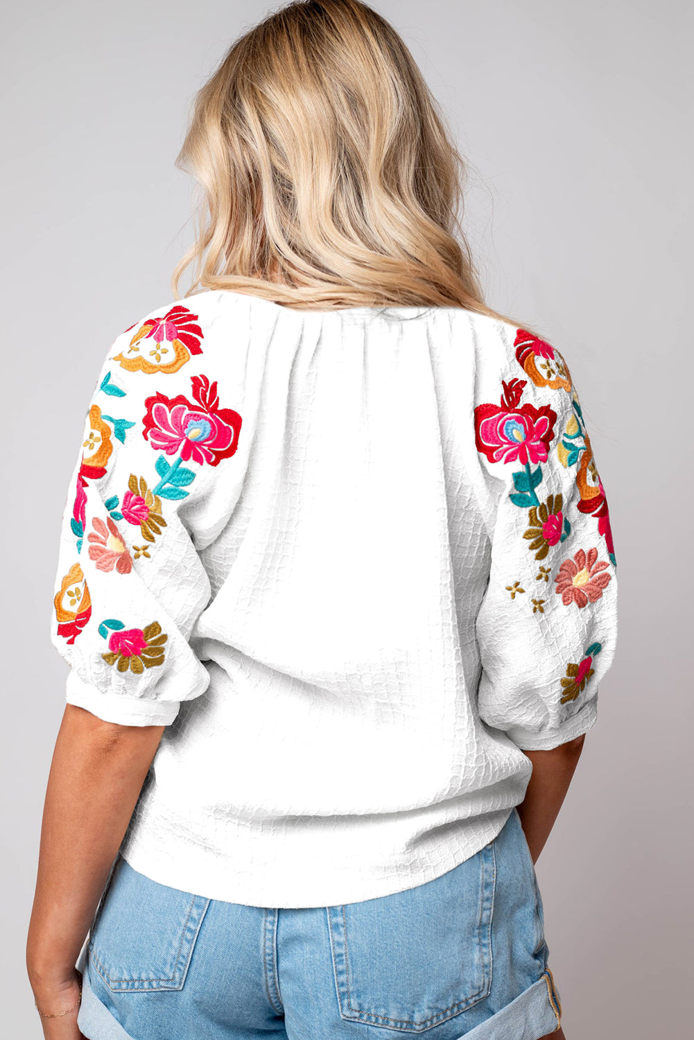 Floral Embroidered Ricrac Puff Sleeve Textured Blouse, S-2XL, two color choices