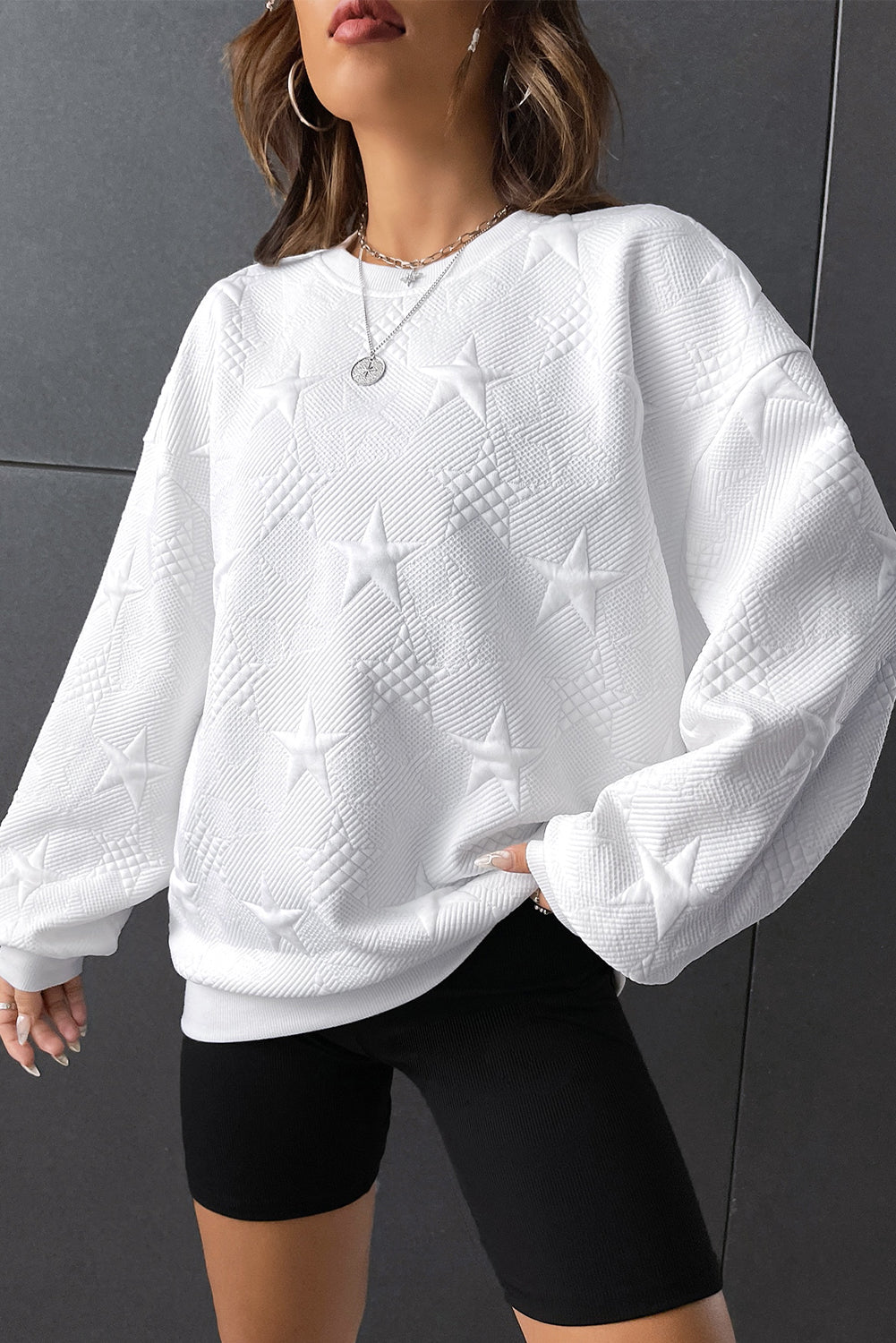 Star Embossed Textured Sweatshirt, S-XL, three color choices