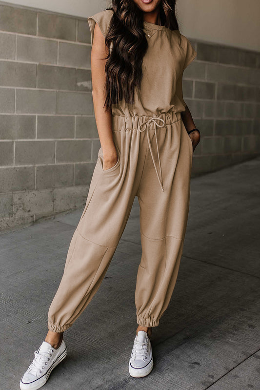 Cap Sleeve Open Back Drawstring Jogger Jumpsuit, S-XL