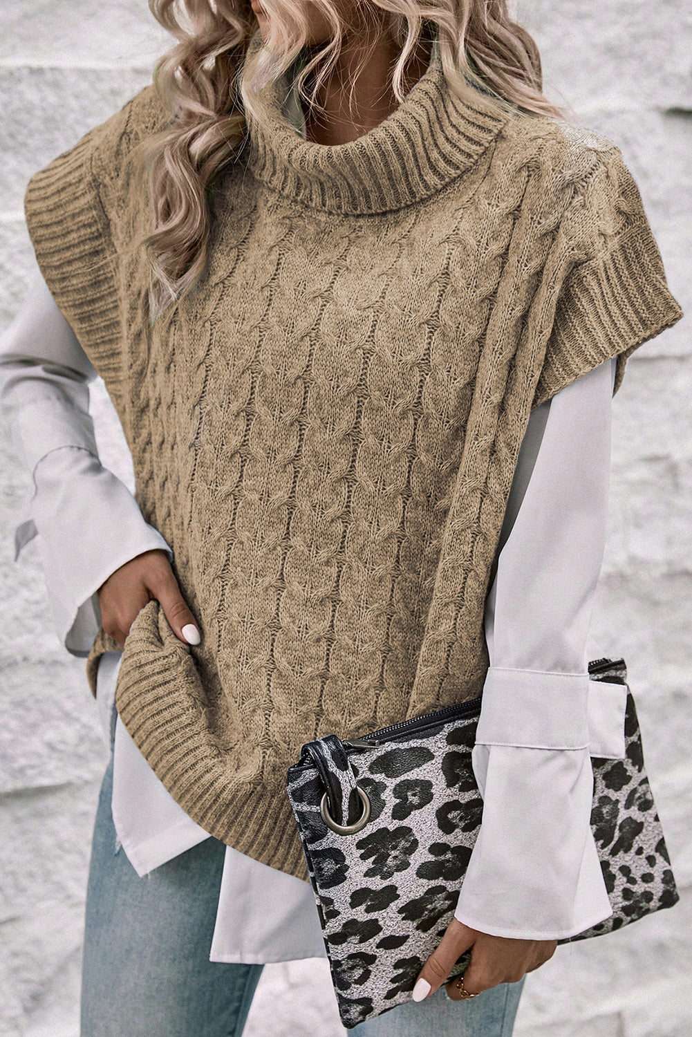 Cable Knit Turtleneck Batwing Sleeve Sweater, S-XL