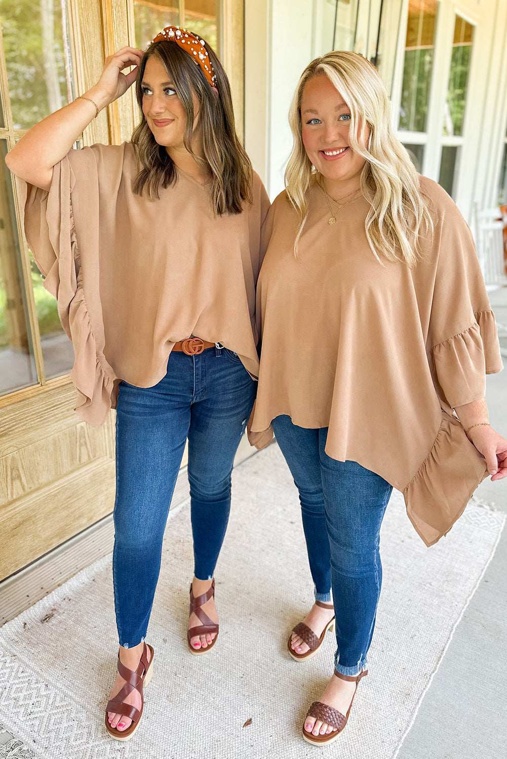 Ruffled Batwing Sleeve V Neck Blouse, 1XL-3XL