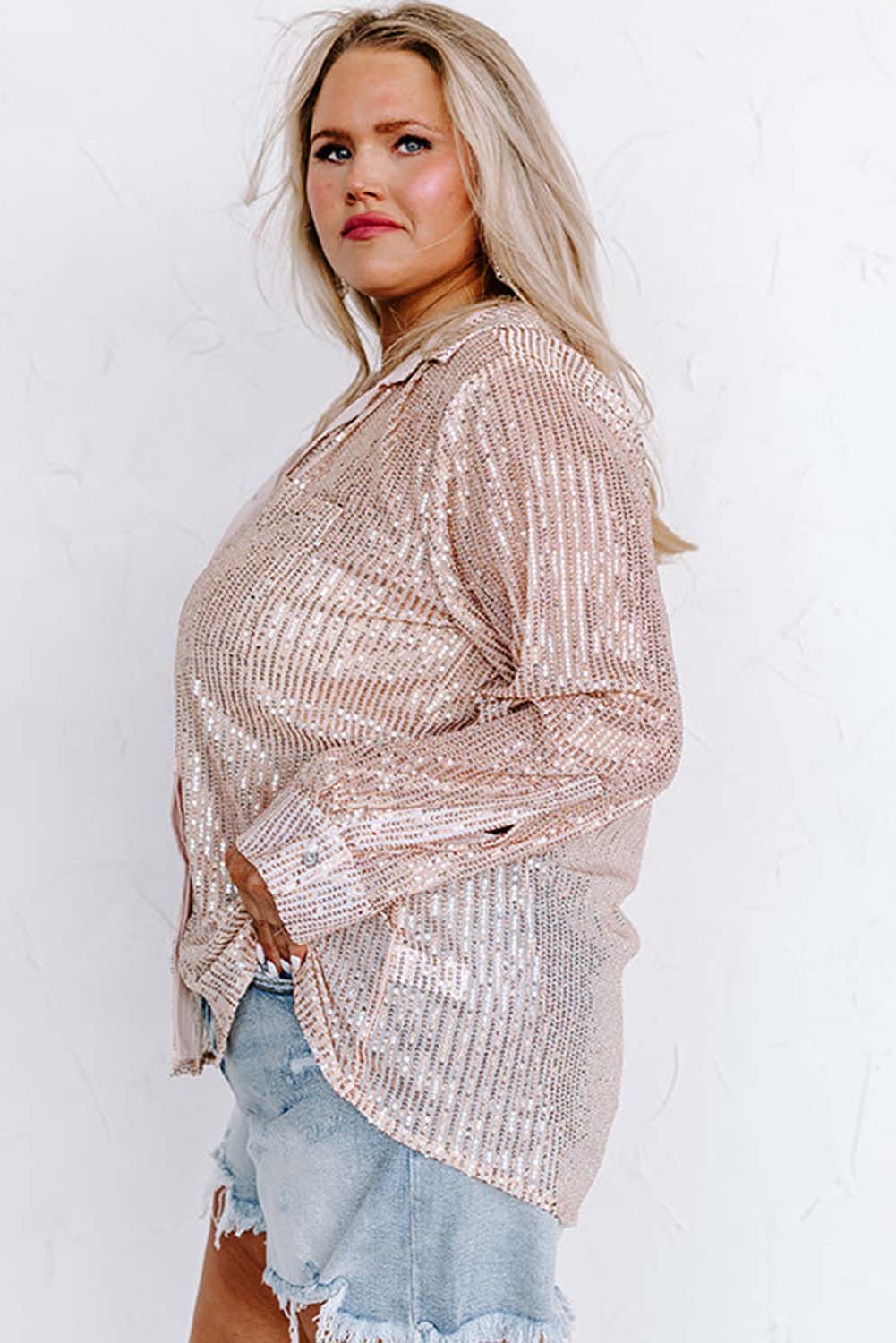 Apricot Sequin Long Sleeve Button-Up Shirt, 1XL-3XL