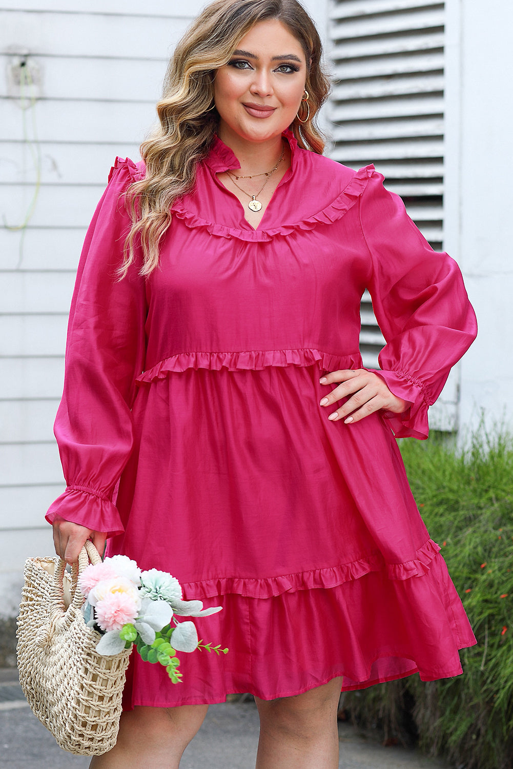 Ruffled Bubble Sleeve Dress, 1XL-3XL