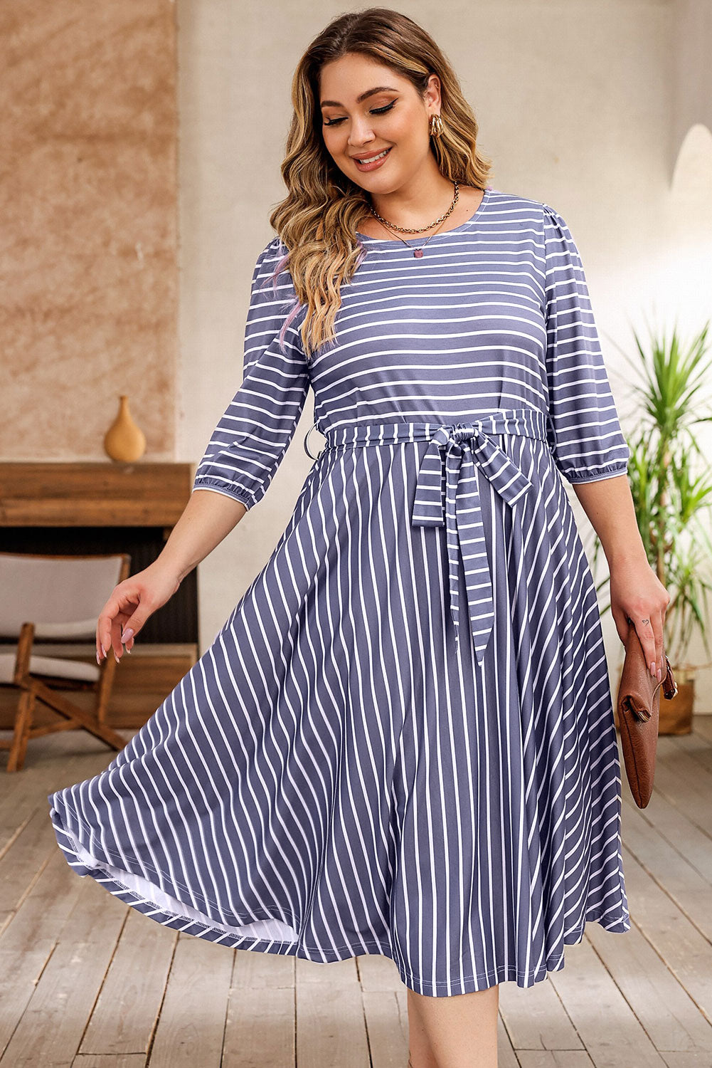 Striped Tie Waist 3/4 Sleeve Dress, 1XL-3XL