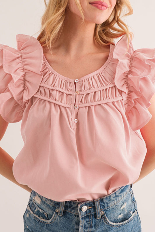 Shirring Buttoned Neck Ruffle Sleeve Blouse, S-XL