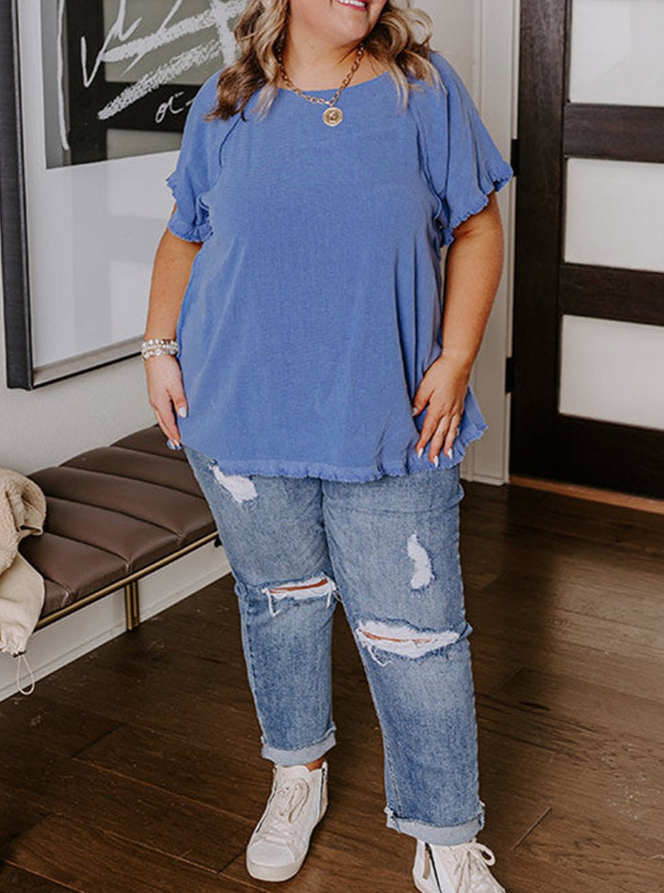 Short Sleeve Frayed Edge Top, 1XL-3XL