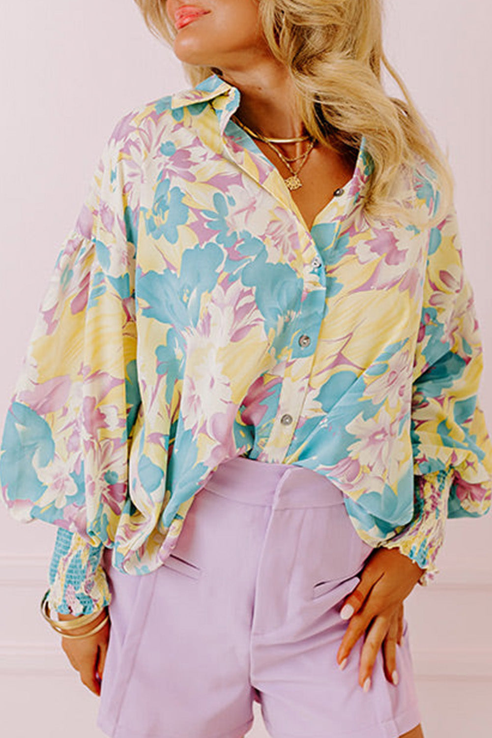 Floral Allover Print Shirred Cuff Oversized Shirt, S-XL