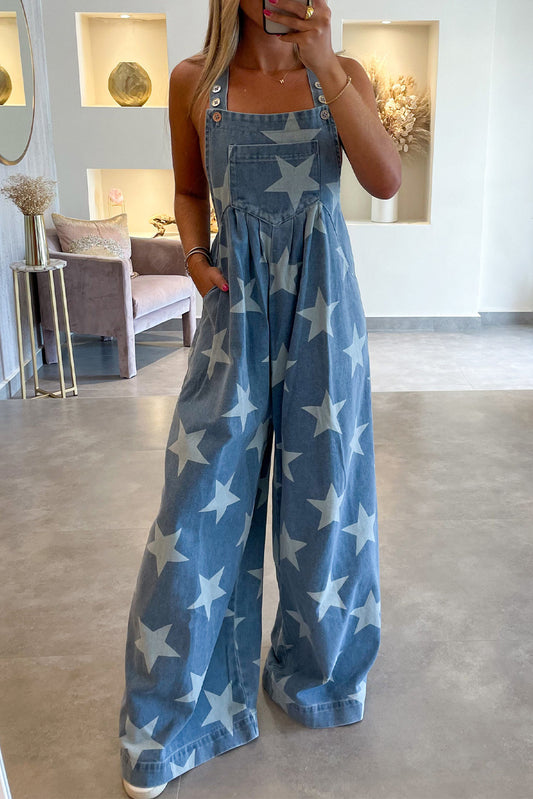 Star Print Buttoned Strap Pleat Wide Leg Denim Overall, S-2XL