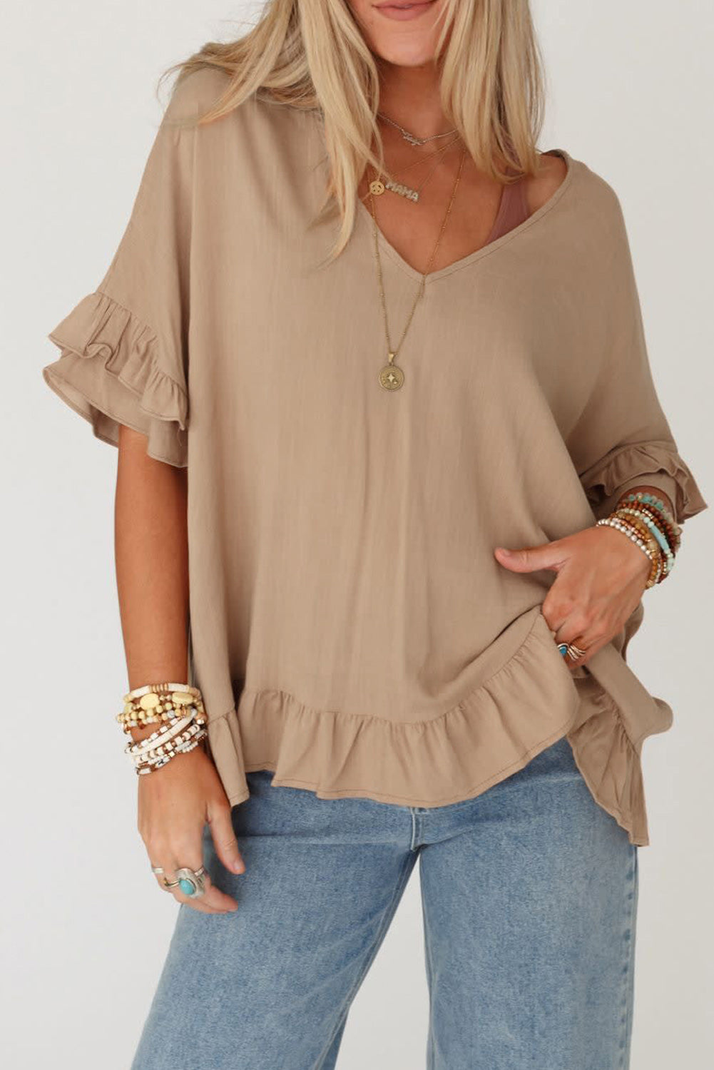 Loose Ruffled V Neck Blouse, S-XL