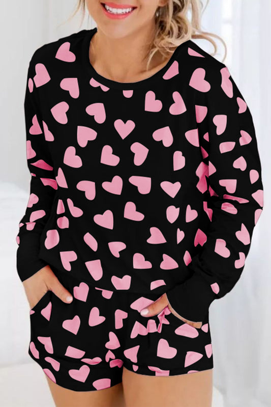 Valentine Heart Shape Print Long Sleeve Top Shorts Lounge Set, S-XL, three color choices