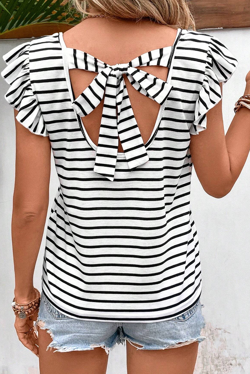 Stripe Butterfly Sleeve V Neck Hollowed Knot Back Shirt, S-XL