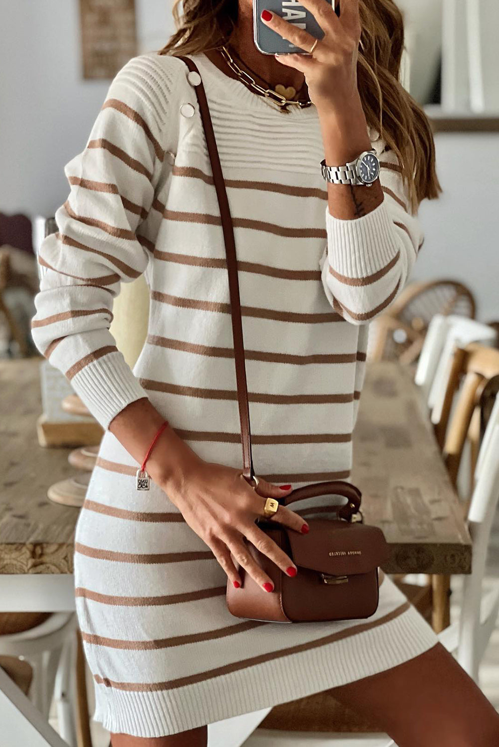 Stripe Button Ribbed Detail Short Sweater Dress, S-XL