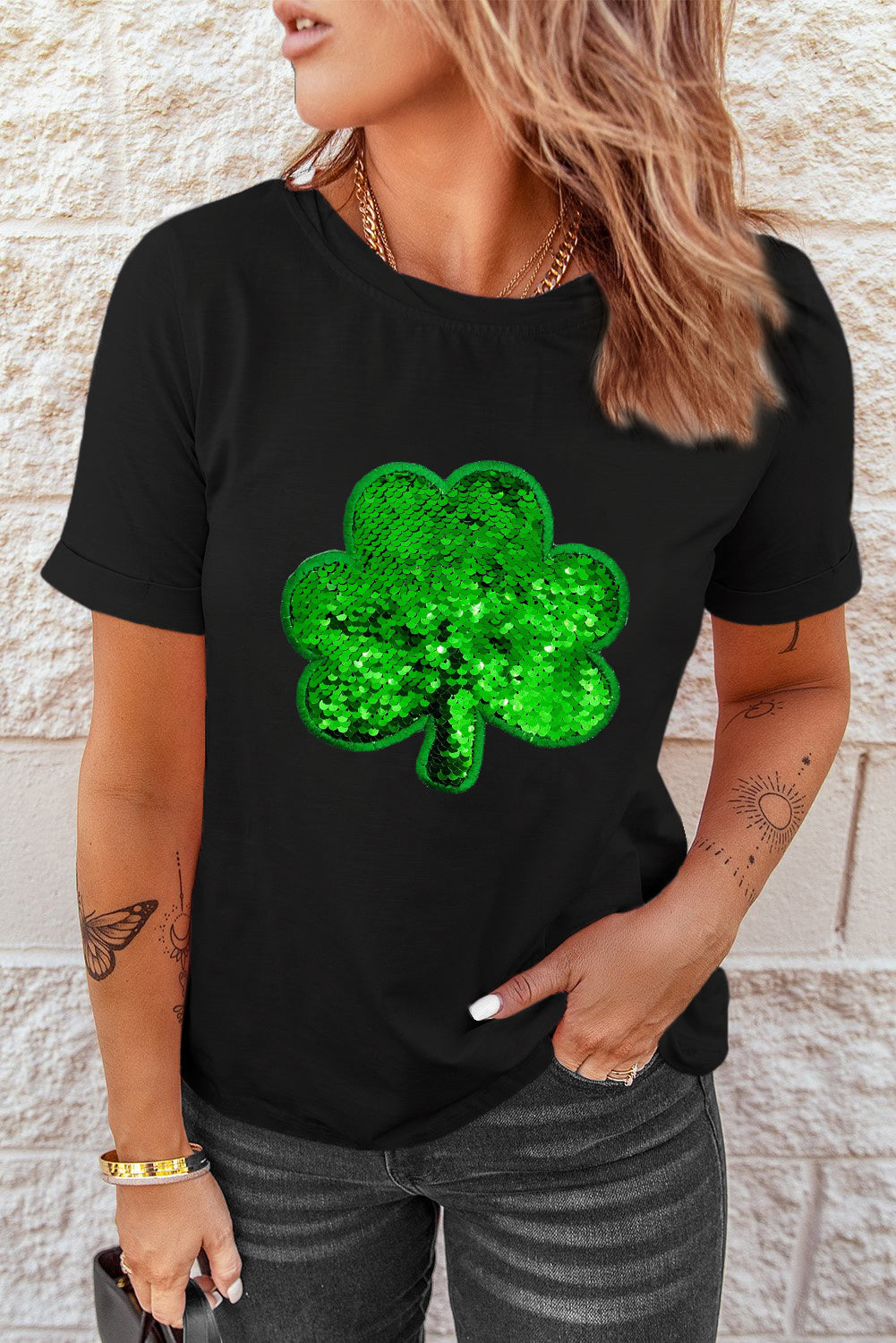 Sequin Clover Embroidered Round Neck Graphic Tee, S-2XL