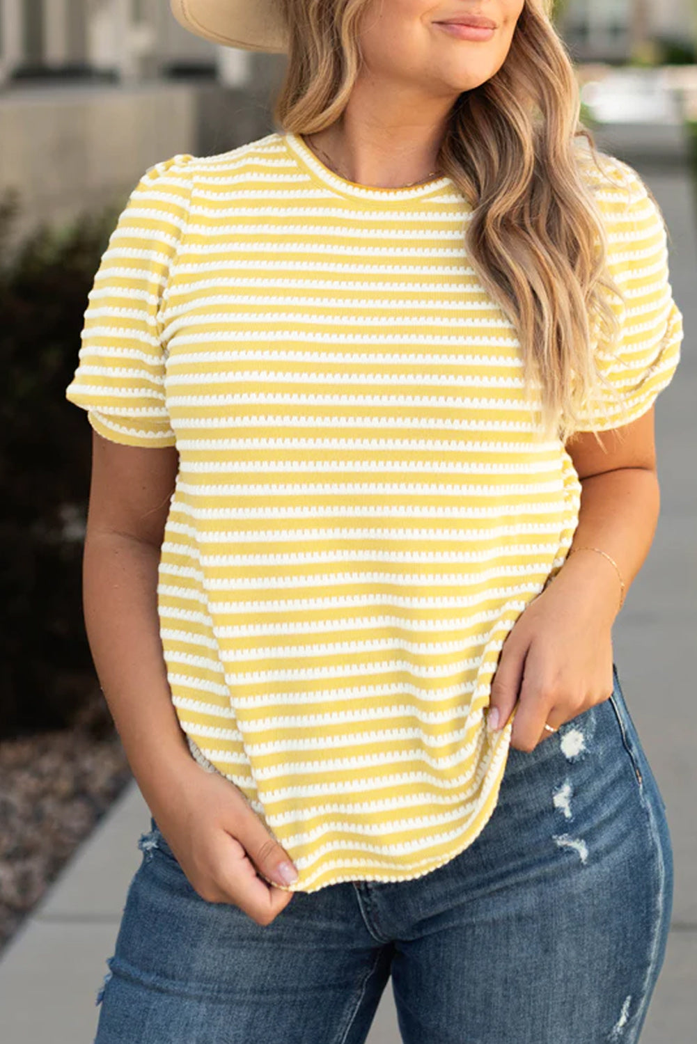 Stripe Short Puff Sleeve Top, 1XL-3XL