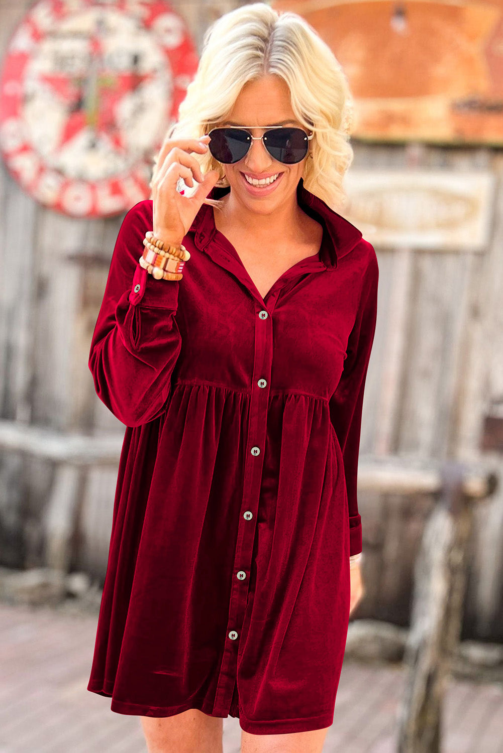 Long Sleeve Ruffle Velvet Button Up Dress, S-3XL, Several color choices