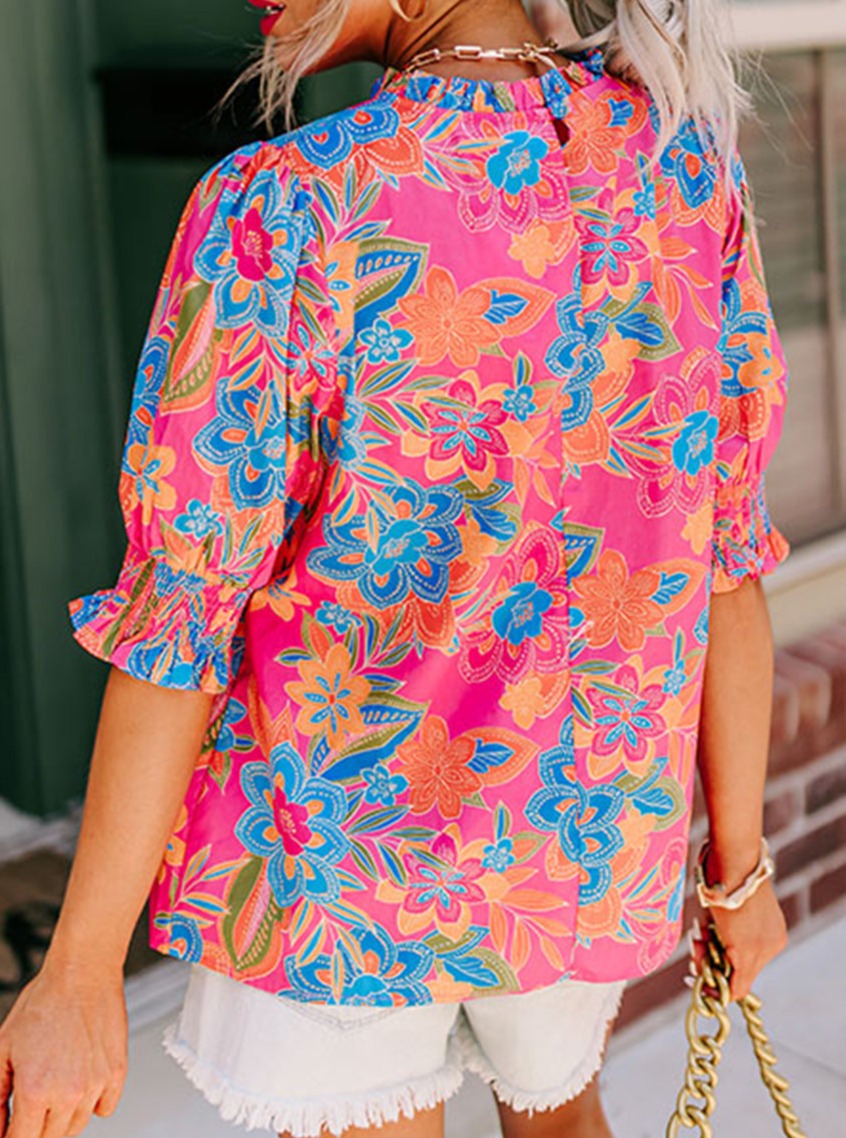 Floral Print Frilly Neck Puff Sleeve Blouse, 1XL-3XL