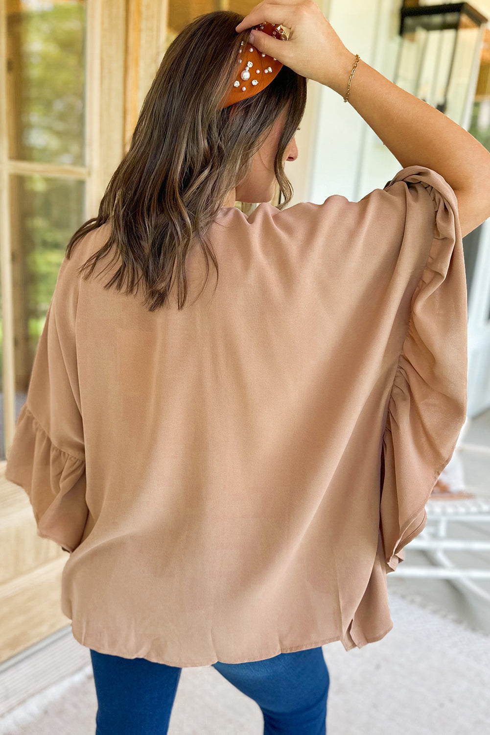 Ruffled Batwing Sleeve V Neck Blouse, 1XL-3XL