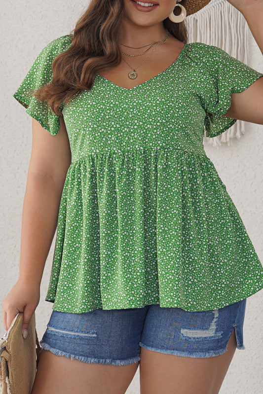 Floral Print Pleated Flounce Hem Short Sleeve Top, 1XL-5XL