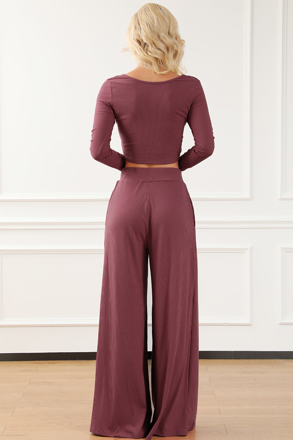 Ribbed Crop Top Long Pants Set, S-XL, three color choices