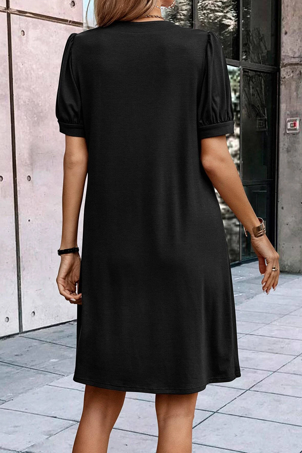 Notched Neck Pleated Puff Sleeve Shift T-shirt Dress, S-XL