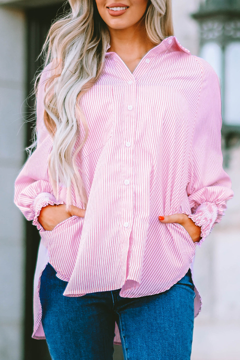 Smocked Cuffed Striped Boyfriend Shirt with Pocket, XS-2XL, Several color choices!