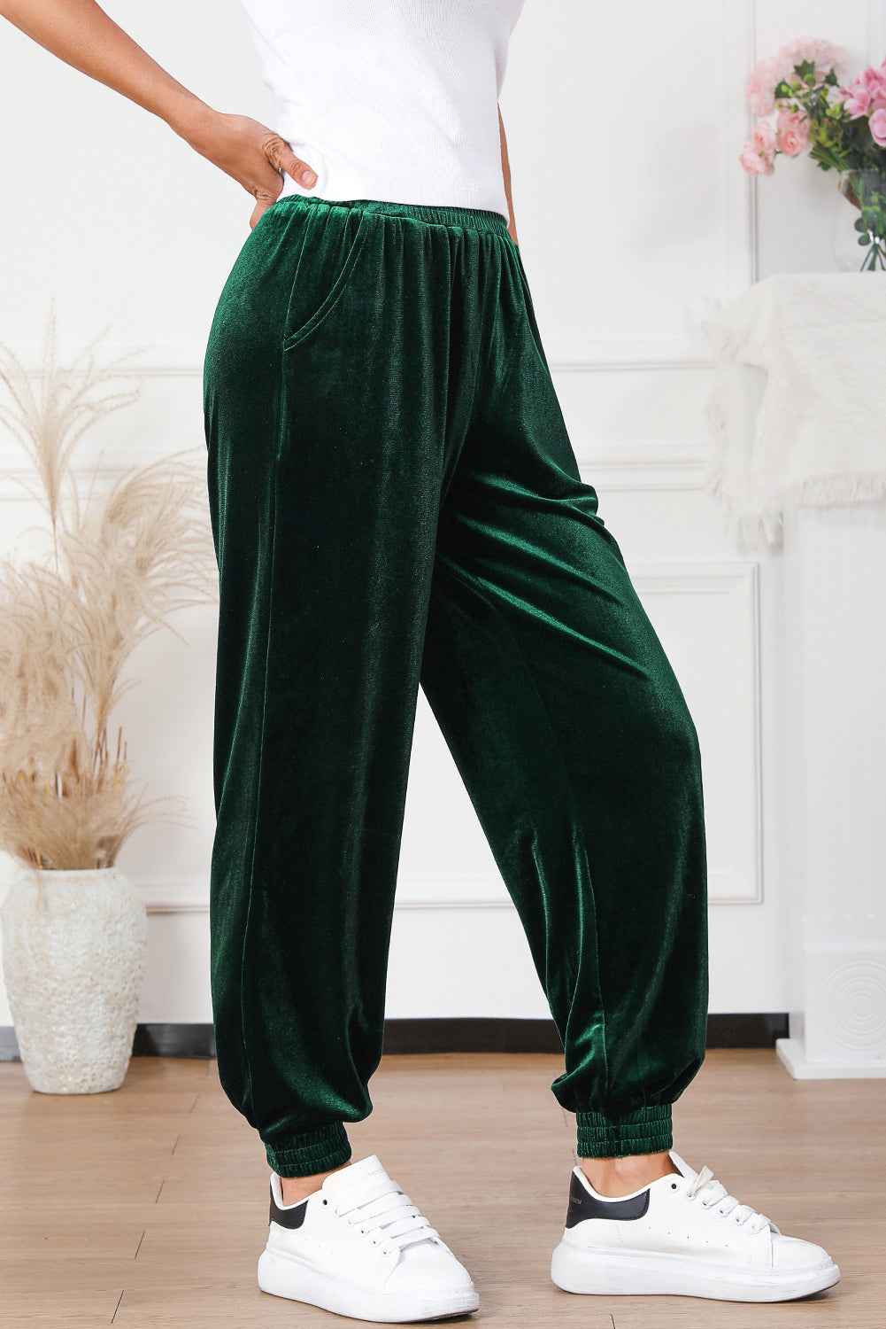 Green Solid Velvet Jogger Pants, S-XL, two color choices