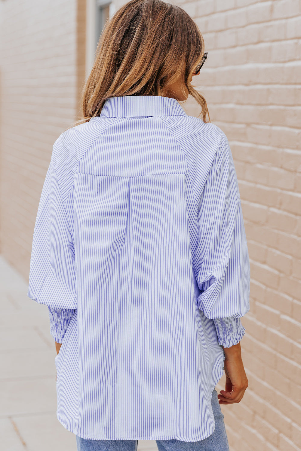 Smocked Cuffed Striped Boyfriend Shirt with Pocket, XS-2XL, Several color choices!